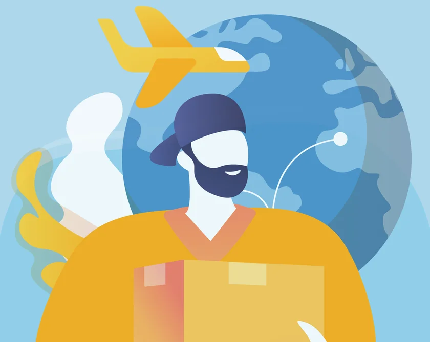 A traveler carrying a parcel, with a plane circling the globe behind him